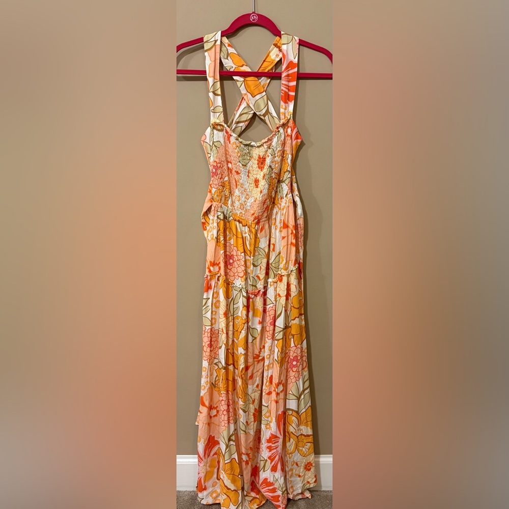 Elegant Backless Floral Dress - Orange and Cream